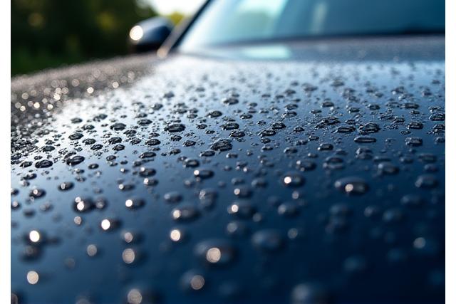 撥水効果で水滴が滑り落ちる車のボンネット